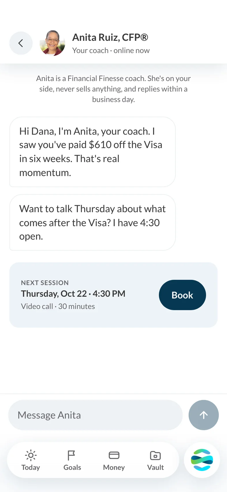 A thread with Anita Ruiz, CFP: she congratulates Dana on paying $610 off the Visa and offers Thursday at 4:30, with a Book button